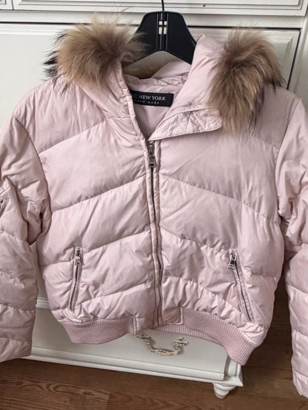 Marc New York Light Pink Quilted Bomber Jacket with Faux Fur Trim